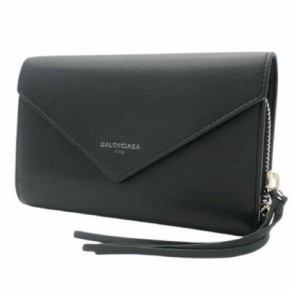 Balenciaga Paper Manny Zip Around Leather Wallet Large Black Envelope Snap NIP